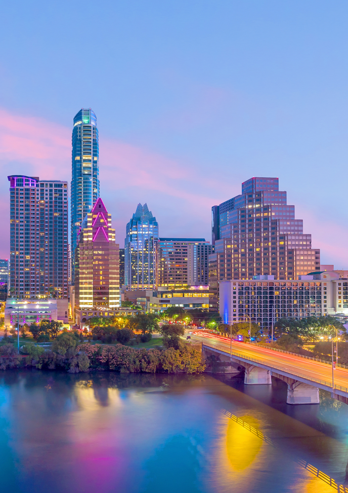 Austin skyline and Colorado River at dusk
