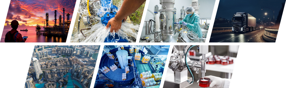 Industry collage showing oil and gas, water infrastructure, pharmaceutical production, transportation, smart cities, food and beverage, and cosmetics