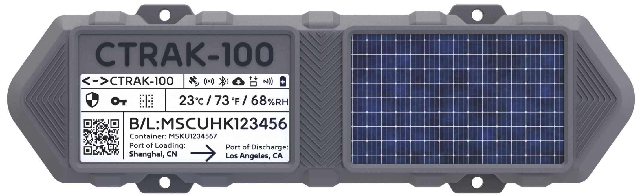 Front view of the CTRAK-100 container gateway showing its eInk display and integrated solar panel